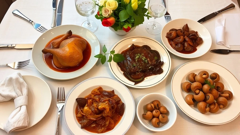 Bàn ăn Pháp với Coq au vin, Boeuf bourguignon, và Escargot