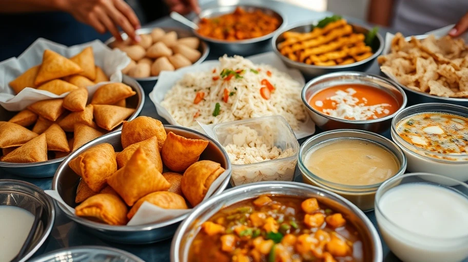 Bàn ăn với các món ẩm thực đường phố Ấn Độ như samosa và chaat