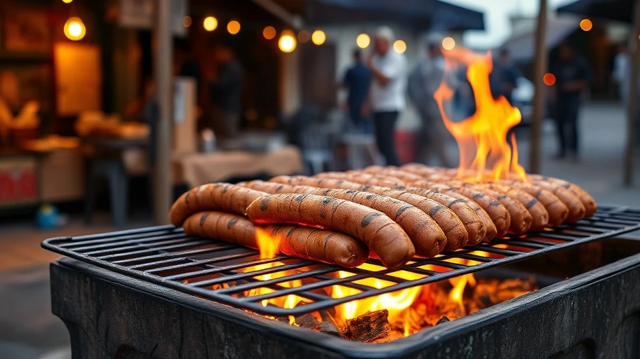 Boerewors nướng trên bếp than đường phố Nam Phi.