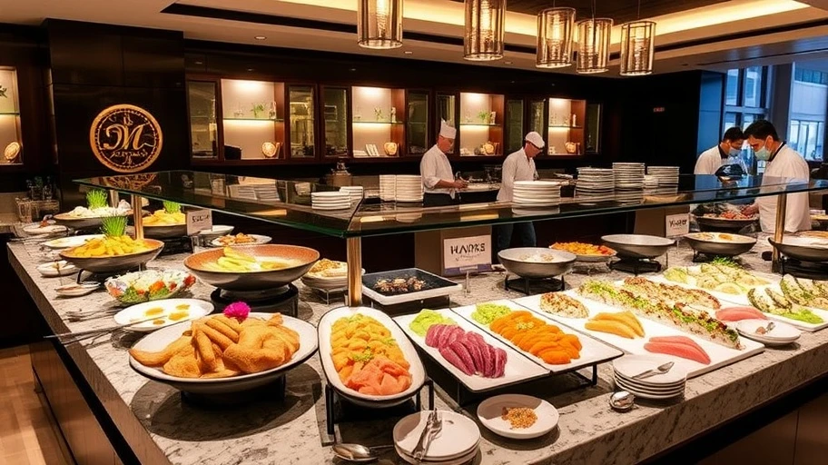 Buffet D'Maris với hải sản và món ăn quốc tế phong phú.