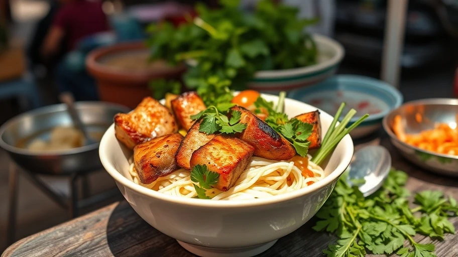 Bún thịt nướng Sài Gòn với thịt nướng và rau sống
