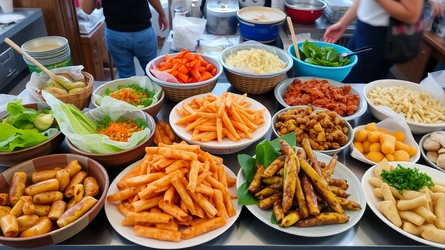 Các món ăn đặc sản tại phố ẩm thực Sài Gòn như hủ tiếu và bánh tráng.