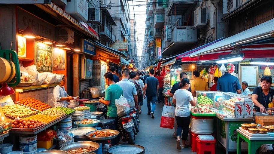 Cảnh nhộn nhịp đường phố với các quán ăn vặt Sài Gòn.