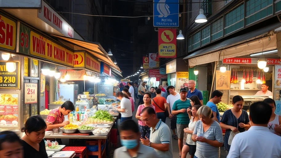 Hình ảnh ẩm thực đường phố tại một khu chợ nhộn nhịp
