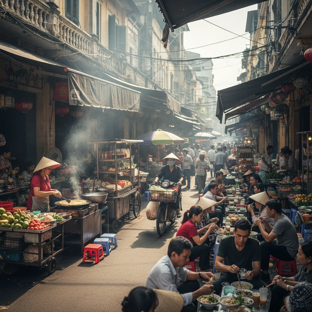 Hình ảnh chợ ẩm thực đường phố ở Sài Gòn phản ánh nền văn hóa địa phương.