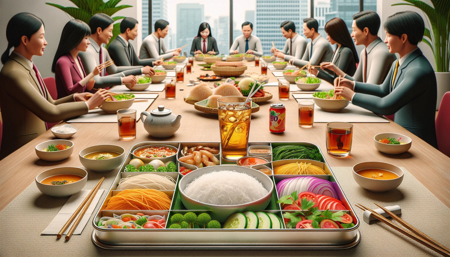 Hình ảnh điển hình ăn cơm trưa văn phòng với nhiều món mặn.