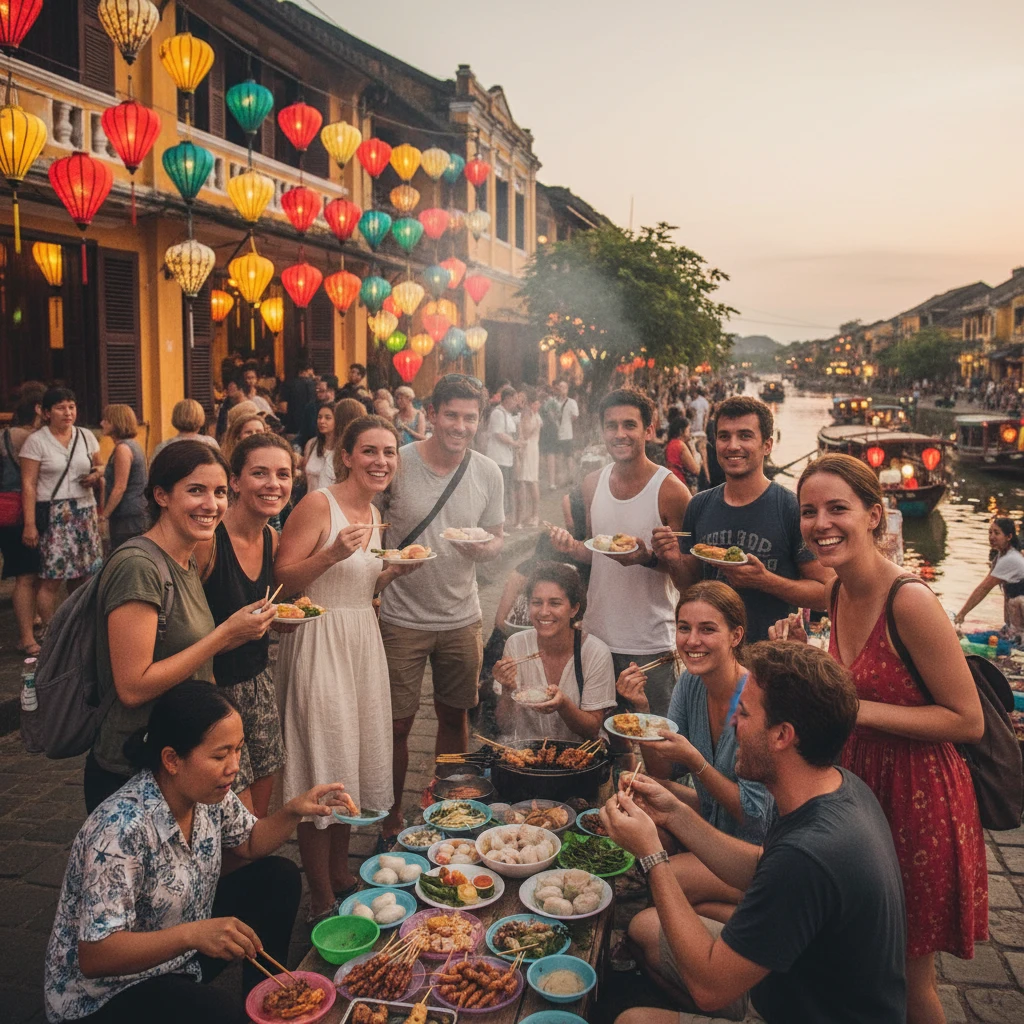 Hình ảnh du khách thưởng thức ẩm thực đường phố Hội An.