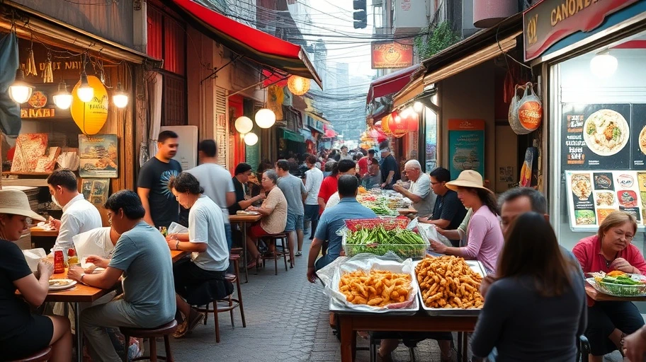 Hình ảnh khu Cầu Giấy nhộn nhịp với các quán ăn.