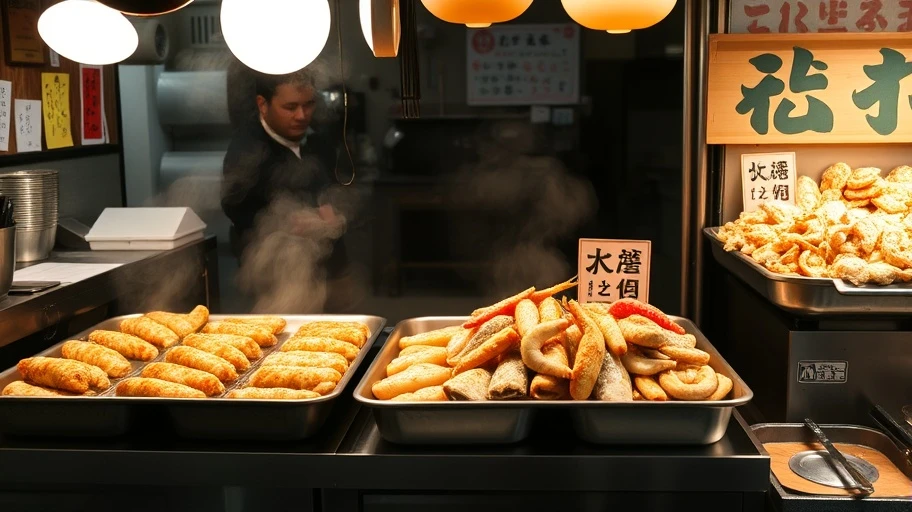 Hình ảnh món ăn đường phố đặc trưng Nhật Bản như Takoyaki và Okonomiyaki.