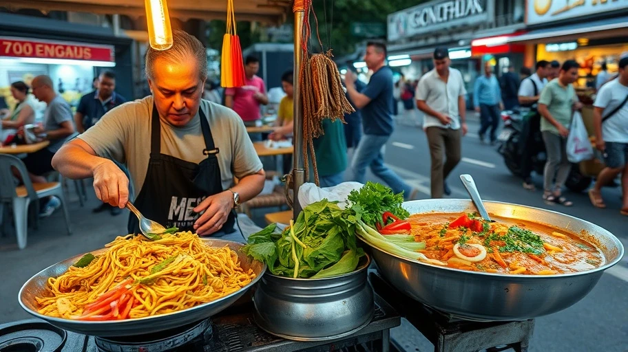Hình ảnh món ăn đường phố đặc trưng Thái Lan như Pad Thai và Som Tum.