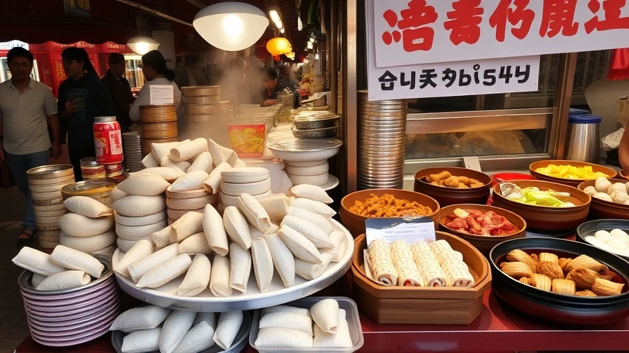 Hình ảnh món ăn đường phố đặc trưng Trung Quốc và Hàn Quốc như baozi và tteokbokki.