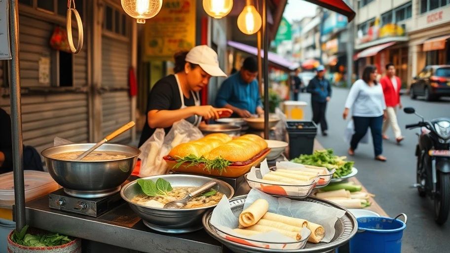 Hình ảnh món ăn đường phố đặc trưng Việt Nam như phở và bánh mì.