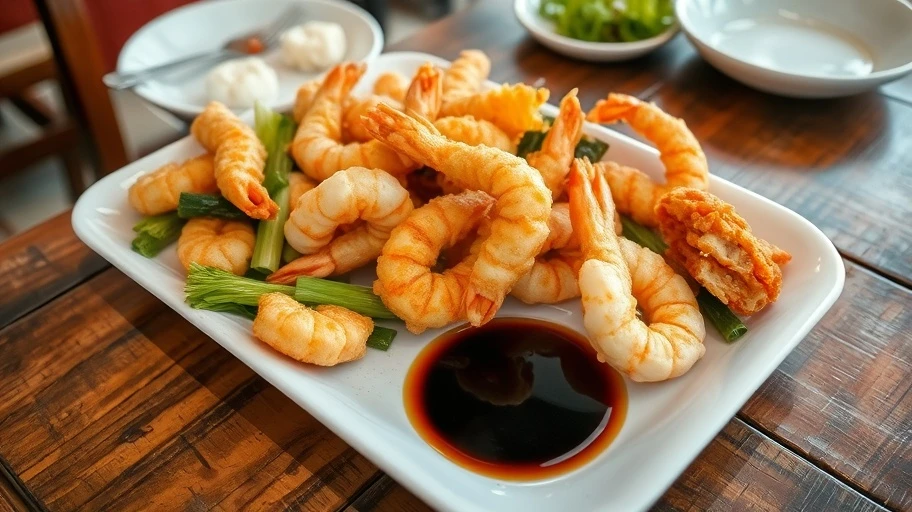 Hình ảnh món tempura với tôm và rau củ chiên giòn.