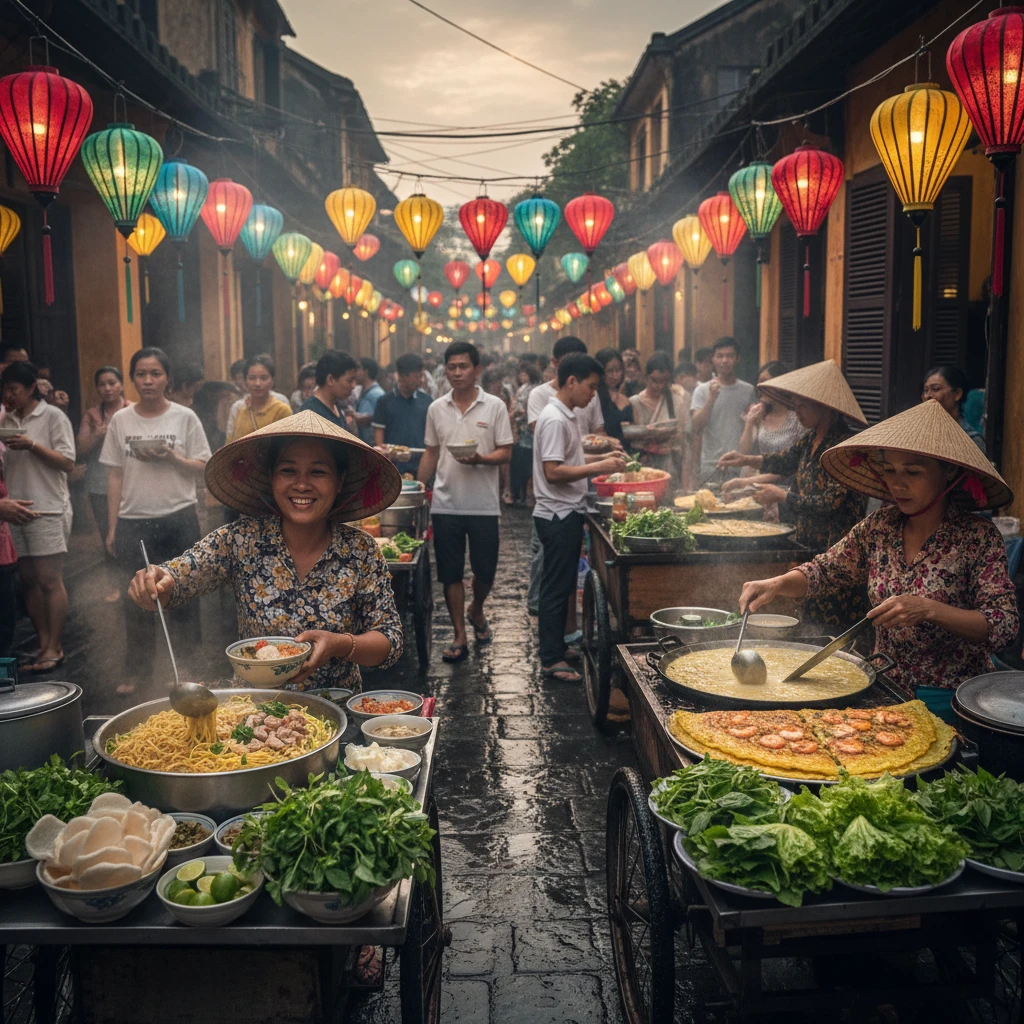 Hình ảnh một góc chợ bán mì Quảng tại Hội An