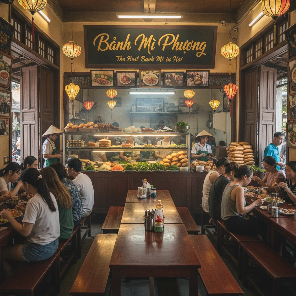 Hình ảnh nhà hàng nổi tiếng với bánh mì Phượng tại Hội An.