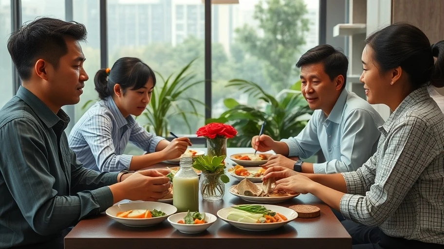 Hình ảnh nhân viên văn phòng đang dùng bữa trưa, thể hiện sự quan trọng của bữa ăn.