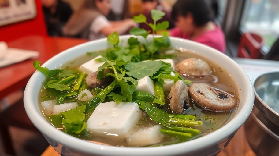 Hình ảnh phở chay với rau và nấm.