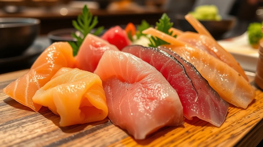 Hình ảnh sashimi Nhật Bản với lát cá hồi và cá ngừ tinh tế.