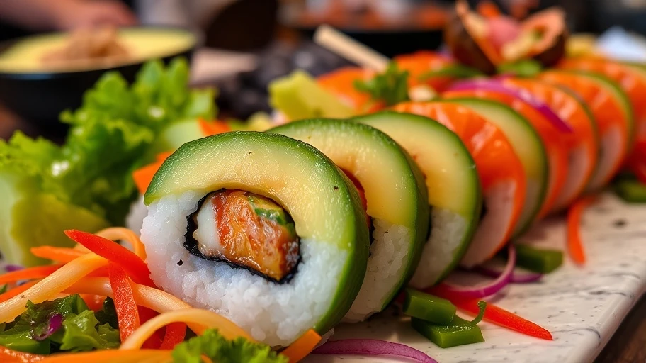 Hình ảnh sushi chay với rau củ quốc tế.