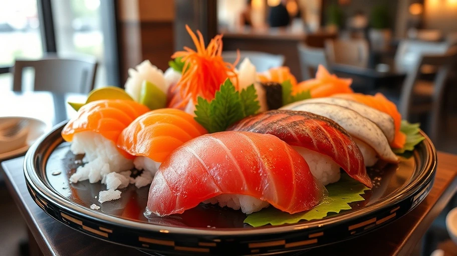 Hình ảnh sushi Nhật Bản đặc trưng với cá hồi, cá ngừ và mực.