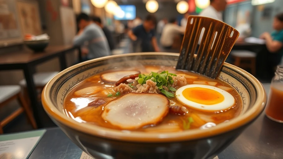 Hình ảnh tô mì ramen với nước dùng đậm đà và nguyên liệu đa dạng.