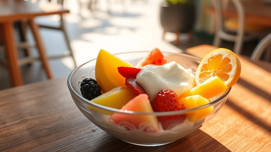 Hình ảnh trái cây và yogurt tại quán cà phê Sài Gòn