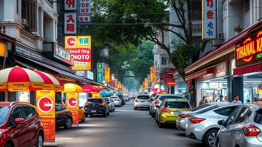 Hình ảnh Zone 4 tại Sài Gòn với nhiều nhà hàng và bãi đỗ xe.