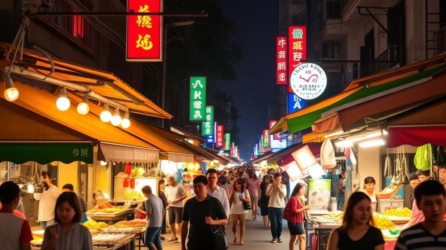Khung cảnh chợ đêm với các gian hàng ẩm thực tại Sài Gòn.