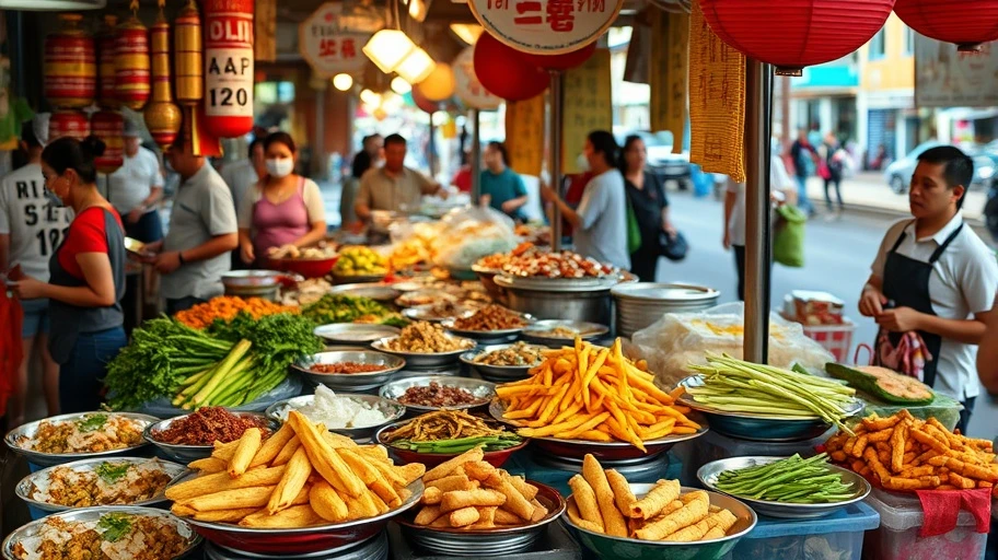 Market đồ ăn đường phố Việt Nam với các món ăn.