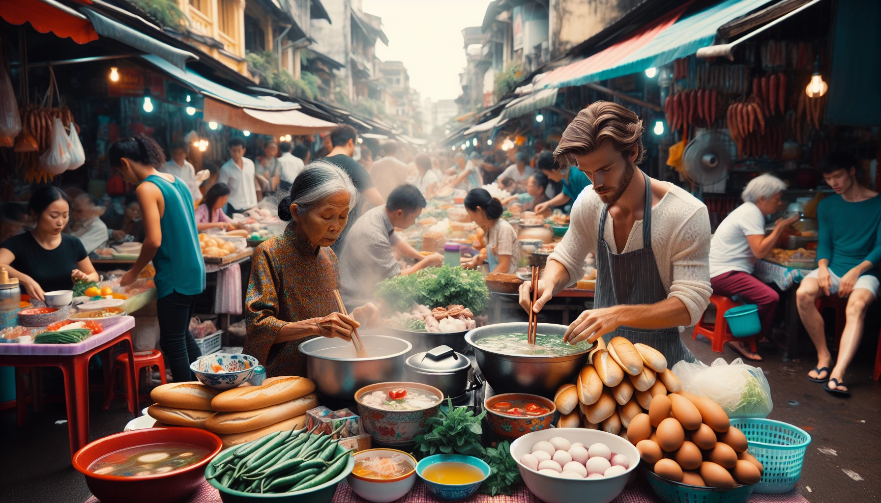 Phở và bánh mì tại chợ đường phố Việt Nam.