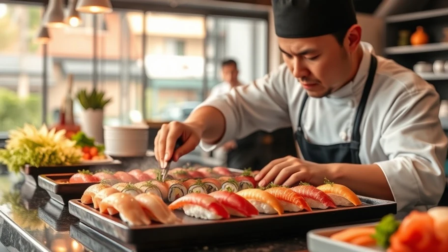 Sushi World ở Vũng Tàu với đầu bếp chuẩn bị sushi.