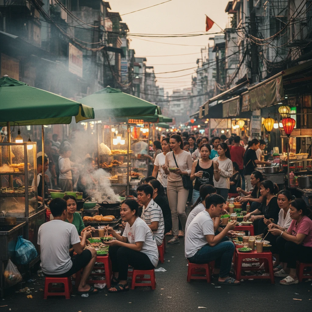 Thực khách trải nghiệm quán ăn đường phố ở TPHCM.